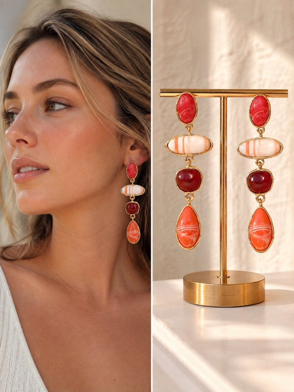Geometric Marbled Stone Drop Earrings Coral Pink Gold Boho Statement Earrings
